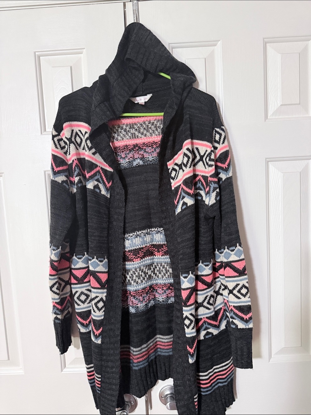No Boundaries Charcoal Hooded Open-Front Cardigan with Pink Accent